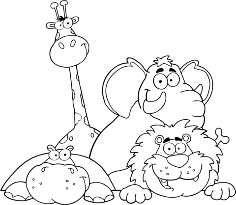 Hippo, Giraffe, Elephant And Lion Coloring Page